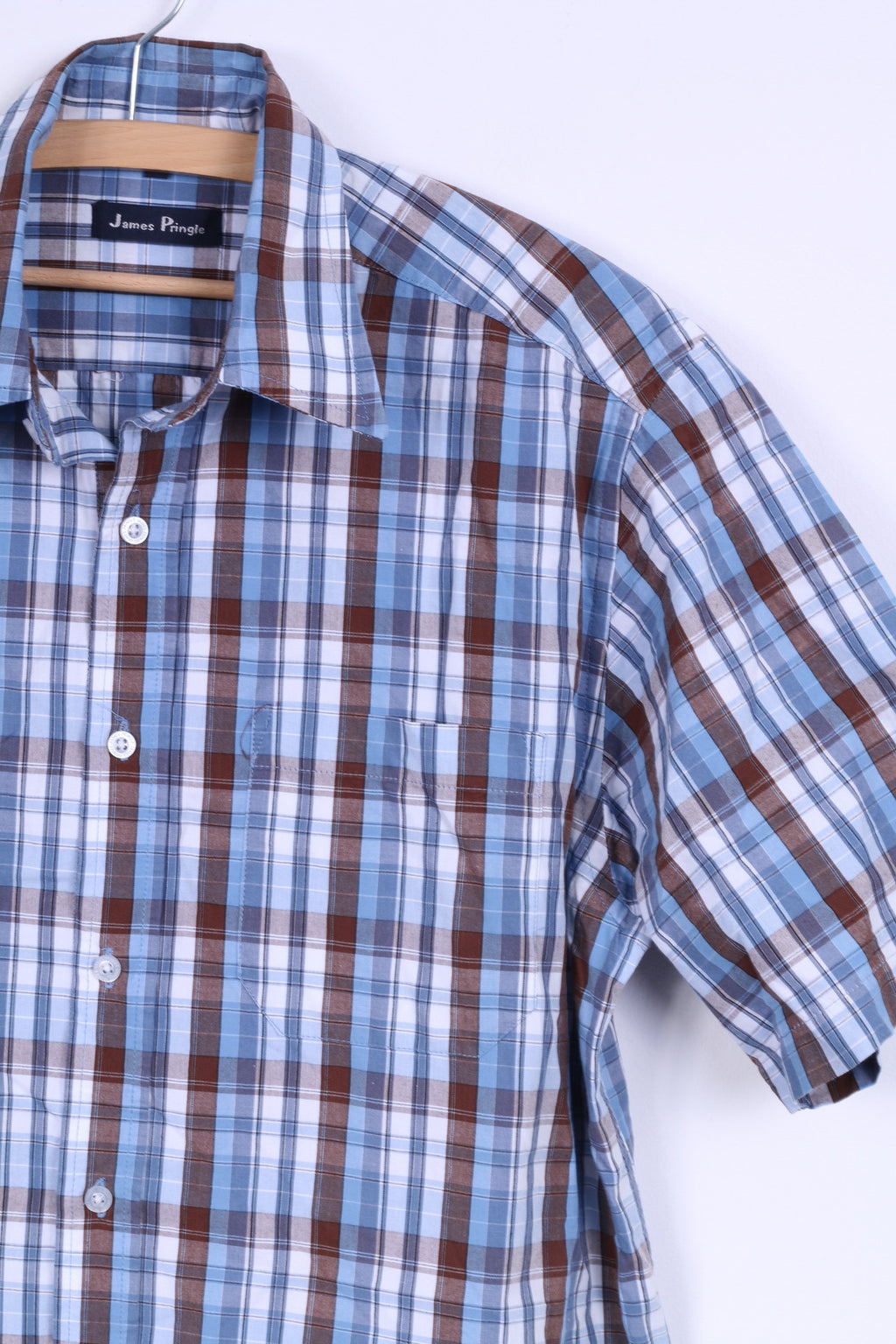 James Pringle Camicia casual da uomo M a maniche corte a quadri in cotone blu