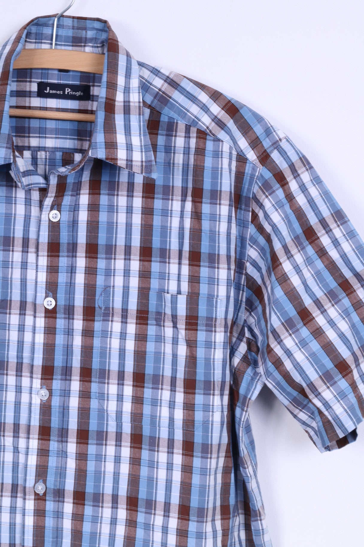 James Pringle Camicia casual da uomo M a maniche corte a quadri in cotone blu