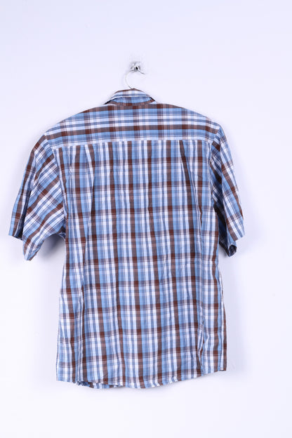 James Pringle Mens M Casual Shirt Short Sleeve Check Blue Cotton