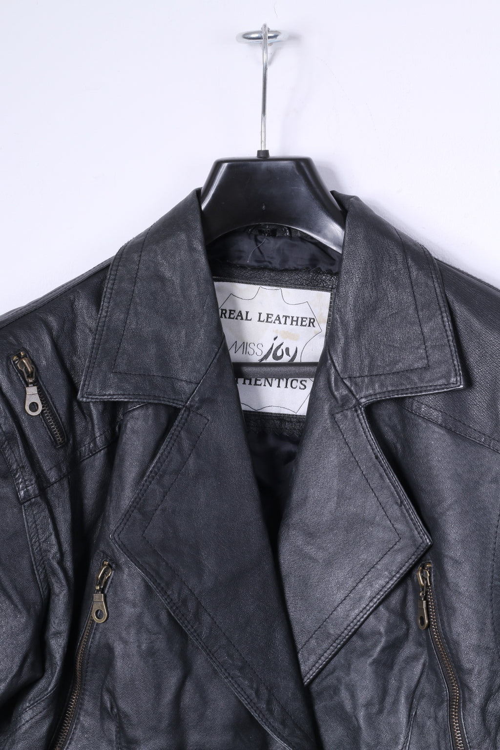 Miss Joy Women 38 M Jacket Black Leather Biker Cropped Snaps Vintage Shoulder Pads Top
