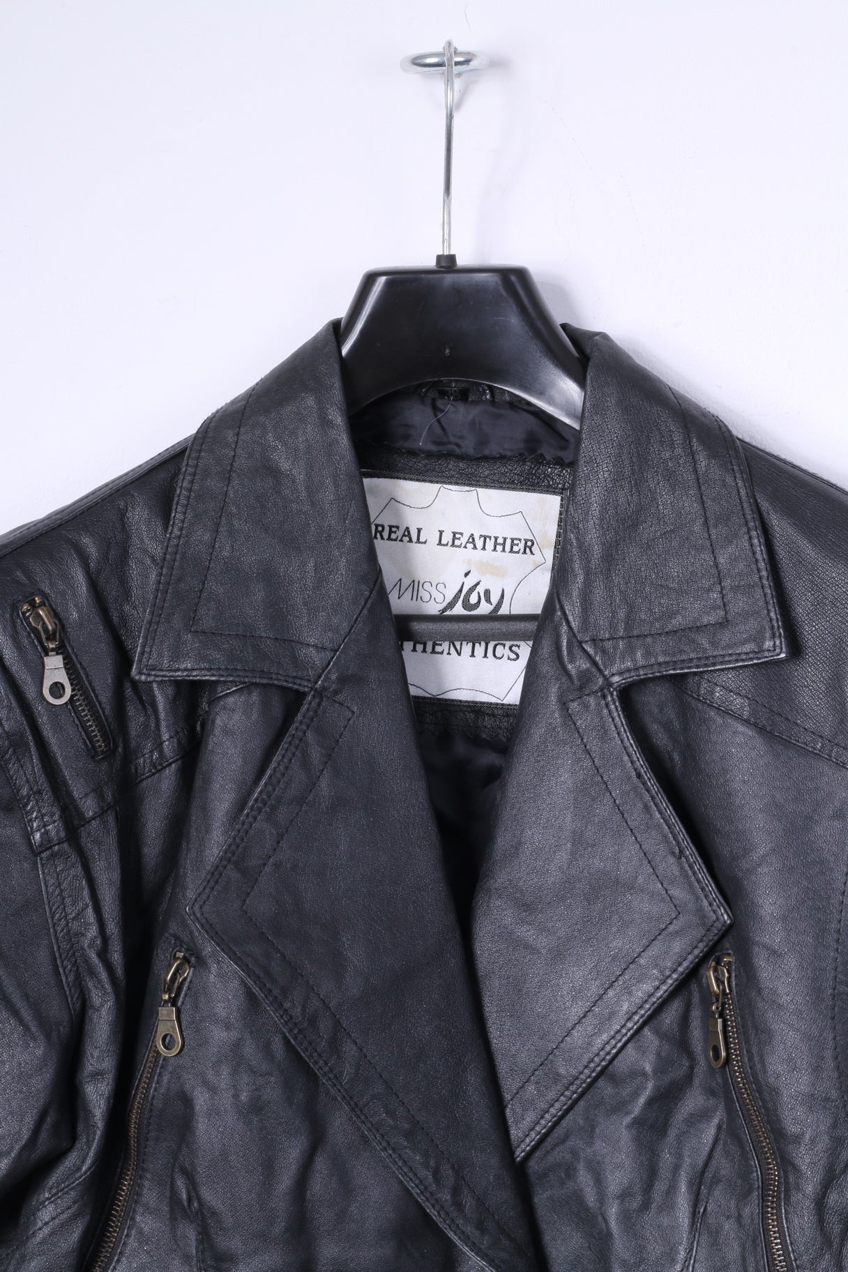 Miss Joy Women 38 M Jacket Black Leather Biker Cropped Snaps Vintage Shoulder Pads Top