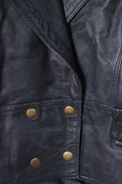 Miss Joy Women 38 M Jacket Black Leather Biker Cropped Snaps Vintage Shoulder Pads Top