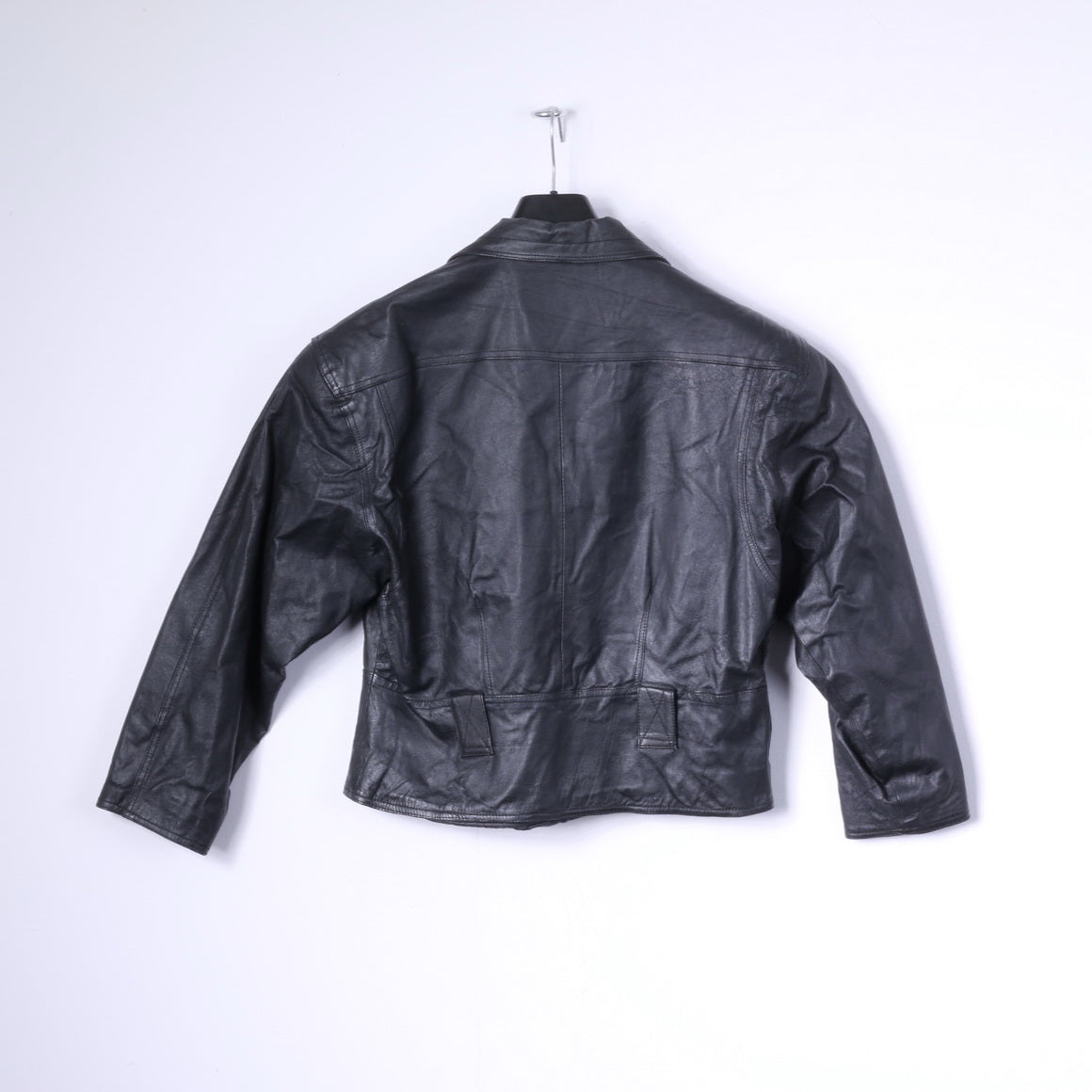 Miss Joy Women 38 M Jacket Black Leather Biker Cropped Snaps Vintage Shoulder Pads Top