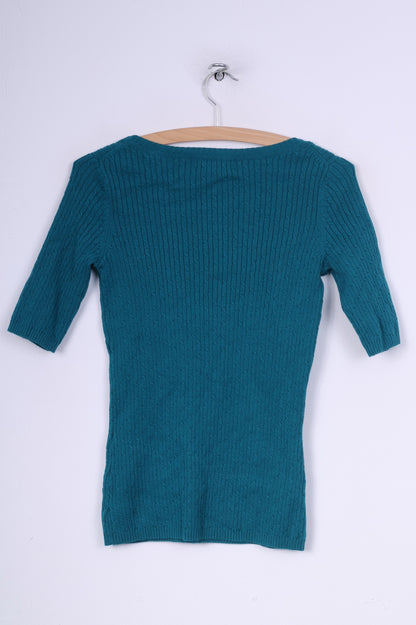 Eddie Bauer Womens XS Jumper Round Neck Sweater Turquoise Short Sleeve Cotton Nylon Knit