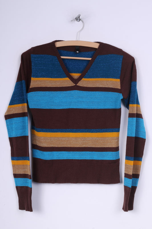 Maglione maglione da donna H&amp;M Divided S con scollo a V a righe marrone / blu lucido 