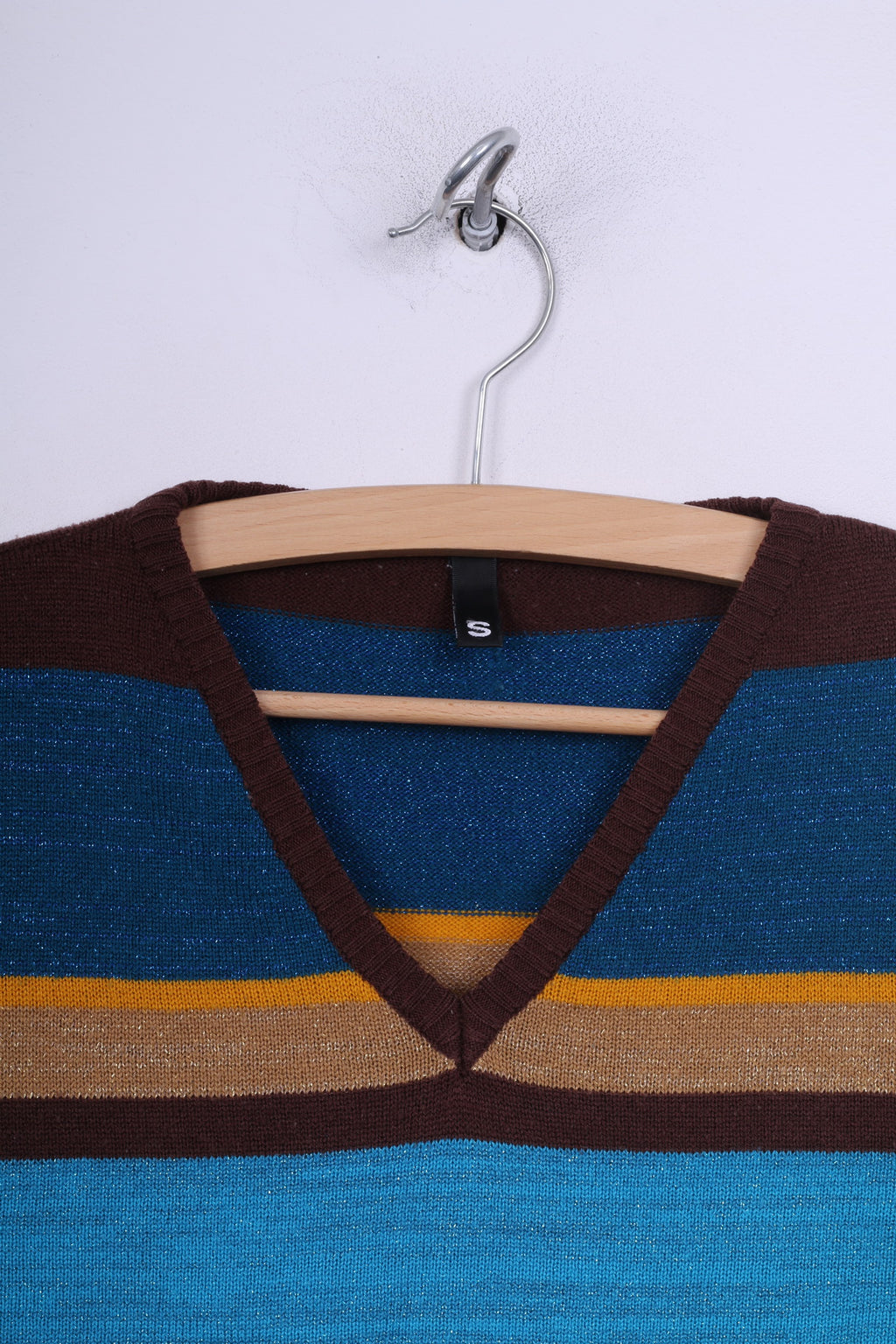 H&amp;M Divided Femme S Jumper Pull Col V Rayé Marron /Bleu Brillant 