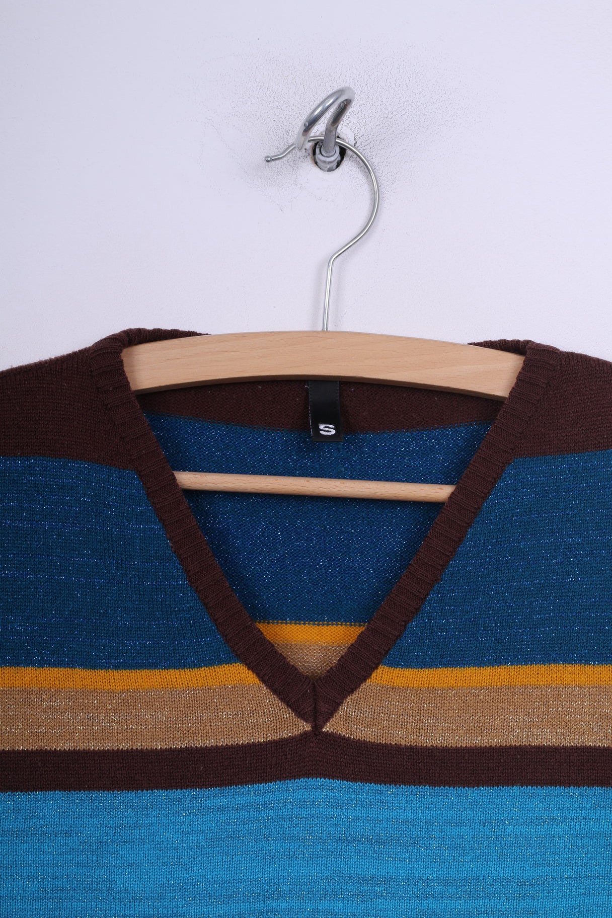 H&amp;M Divided Femme S Jumper Pull Col V Rayé Marron /Bleu Brillant 