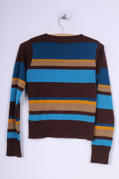 H&M Divided Womens S Jumper Sweater V Neck Striped Brown /Blue Shiny
