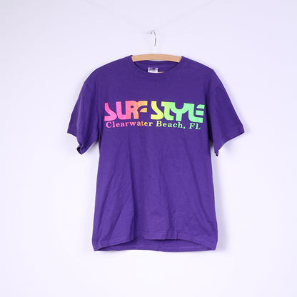 Fruit Of the Loom Surf Style Clear Water Beach T-shirt da uomo M grafica in cotone viola girocollo 