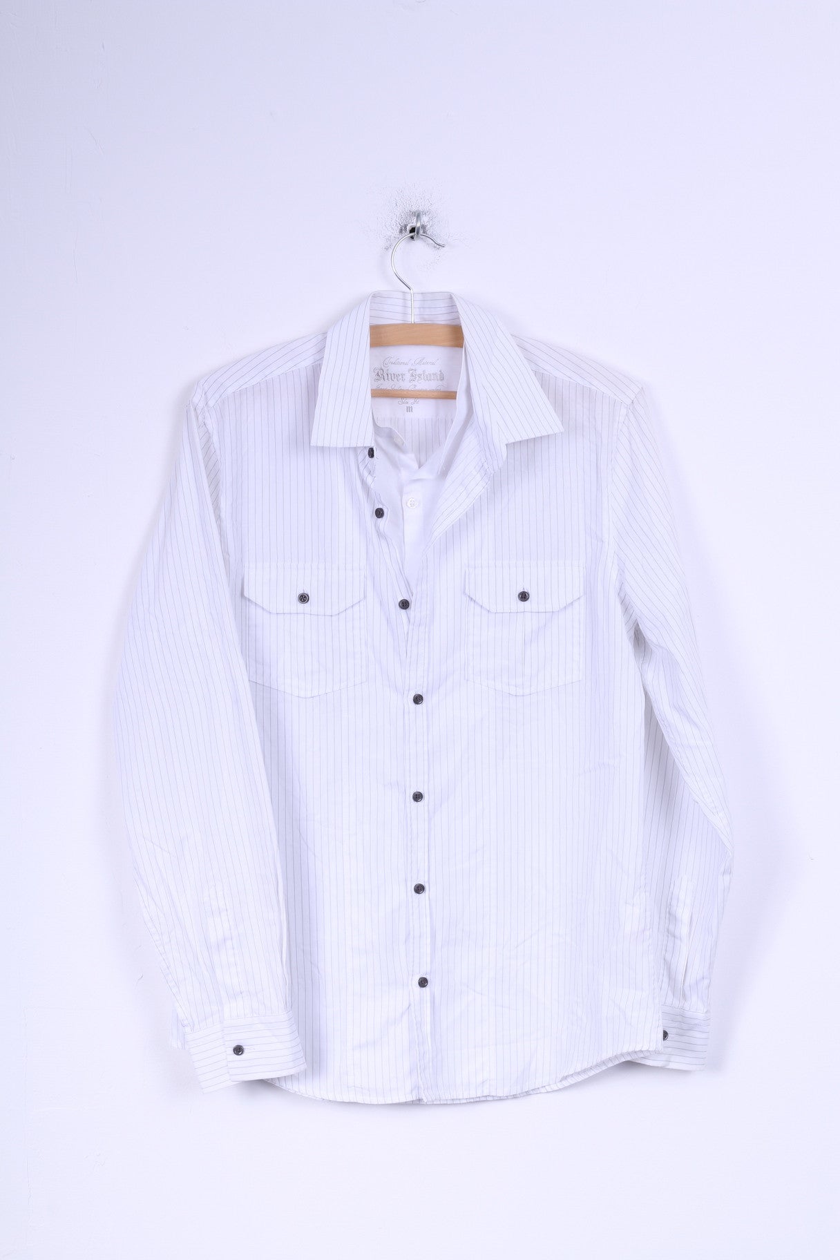 River Island Chemise Casual M Homme Blanc Rayé Manches Longues Coton