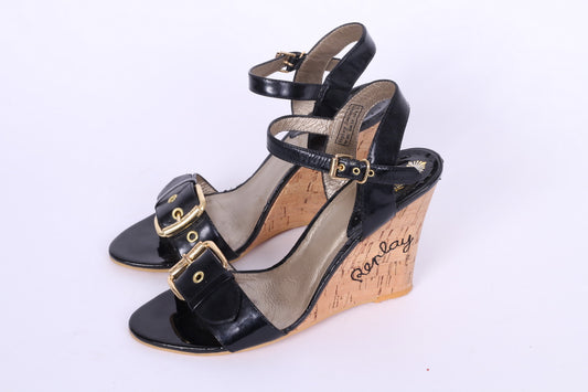 Replay Femmes UK 6 EU 39 Sandales Compensées Noir Brillant Or Détails Plateforme Chaussures