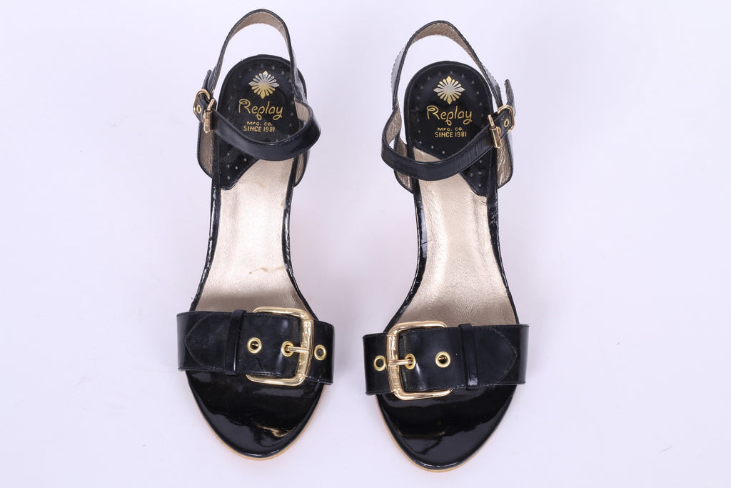 Replay Womens Uk 6 EU 39  Wedge Sandals Black Shiny Gold Details Platform Shoes