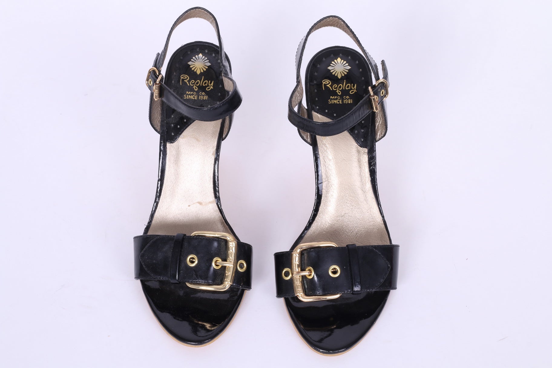 Replay Womens Uk 6 EU 39  Wedge Sandals Black Shiny Gold Details Platform Shoes