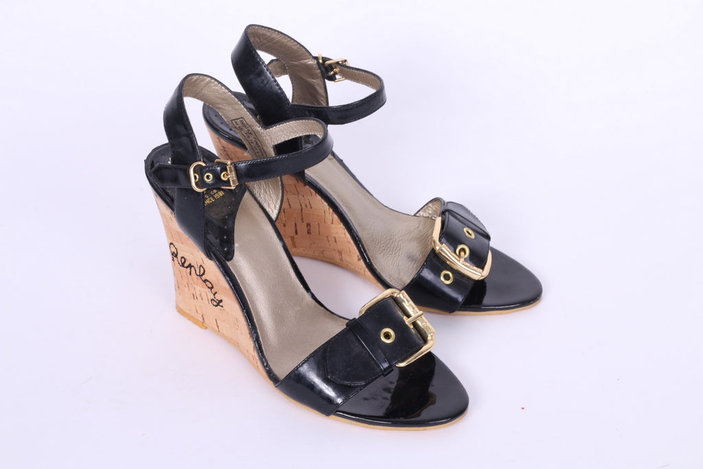Replay Womens Uk 6 EU 39  Wedge Sandals Black Shiny Gold Details Platform Shoes