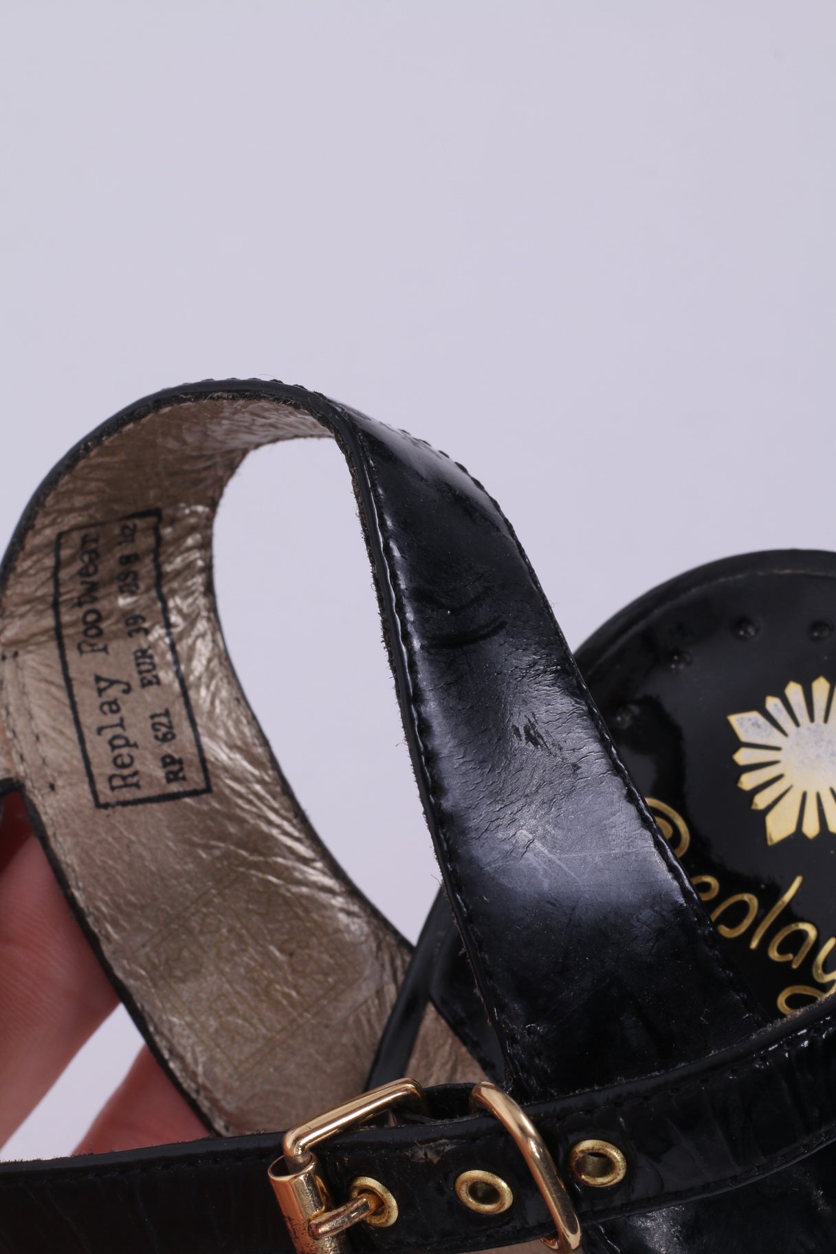 Replay Womens Uk 6 EU 39  Wedge Sandals Black Shiny Gold Details Platform Shoes