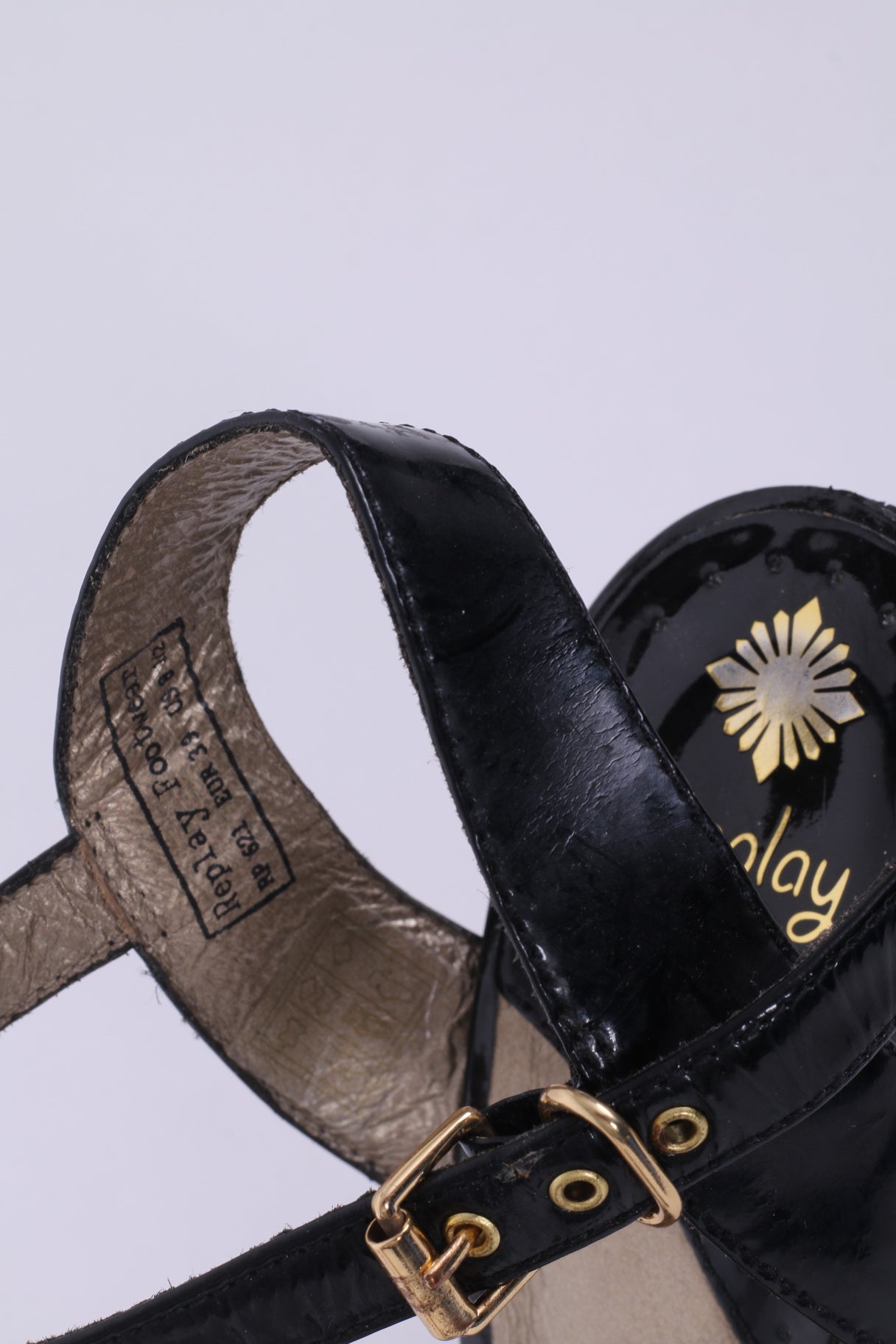 Replay Womens Uk 6 EU 39  Wedge Sandals Black Shiny Gold Details Platform Shoes