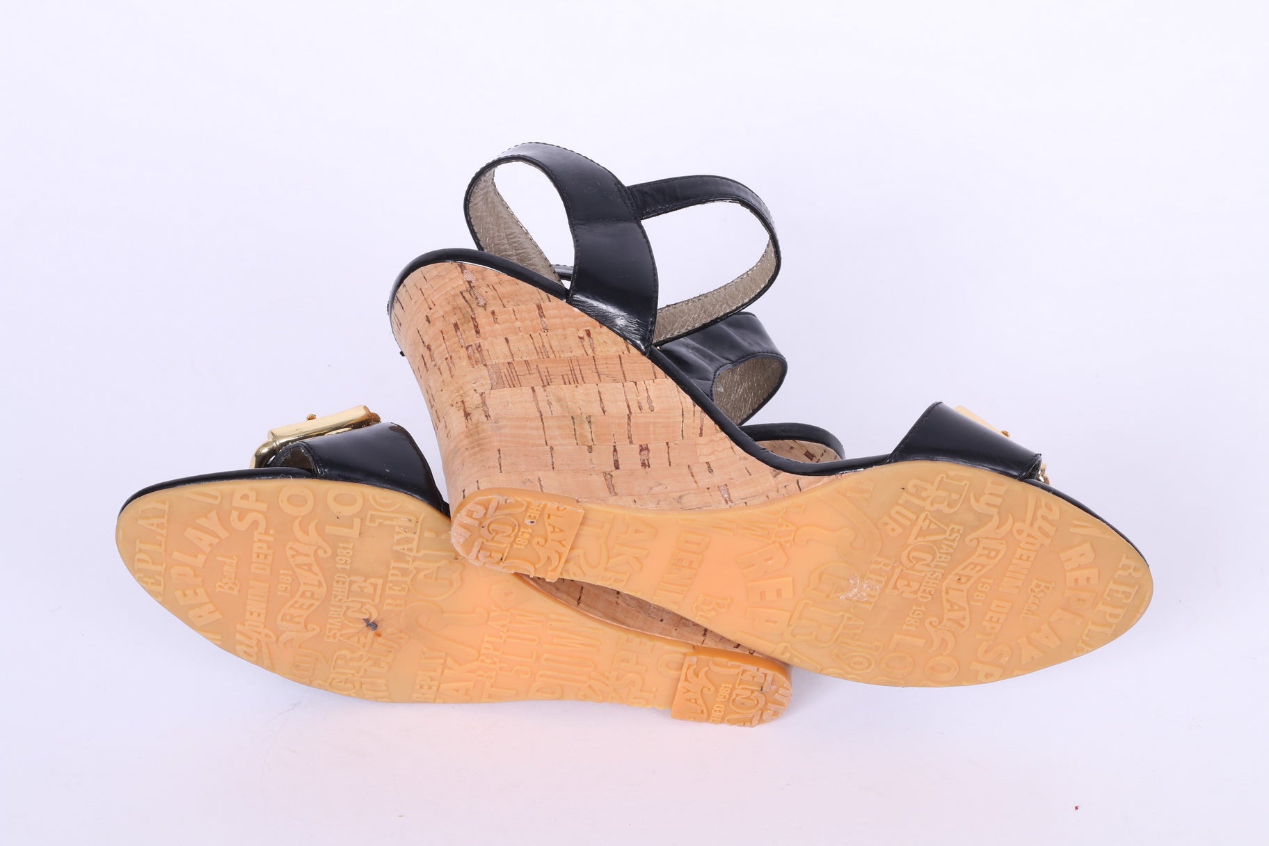 Replay Womens Uk 6 EU 39  Wedge Sandals Black Shiny Gold Details Platform Shoes