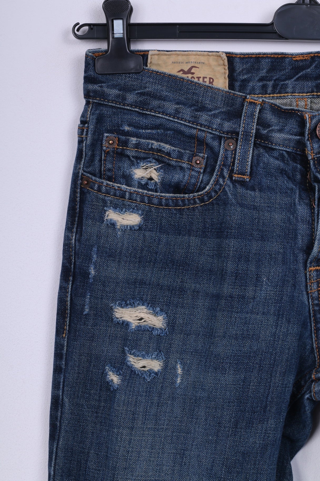 Pantaloni Hollister da donna W 28 L30 Jeans blu scuro Denim cotone strappato