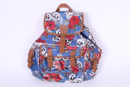 Women's Girl's Backpack Blue Skull Rosses Print Travel School Light