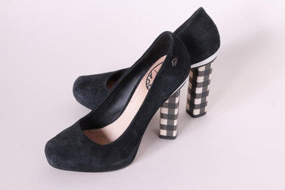 Fornarina Women's 39 Heels Black Suede Beige Check Heels Shoes Made in Italy