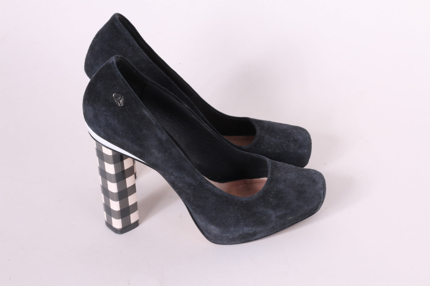 Fornarina Women's 39 Heels Black Suede Beige Check Heels Shoes Made in Italy