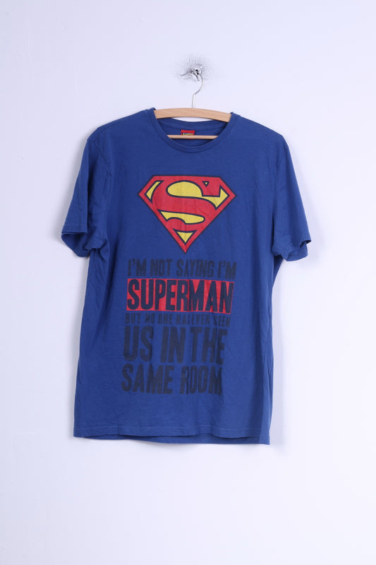 George Mens L T-Shirt Blue Cotton Graphic Superman Crew Neck Top
