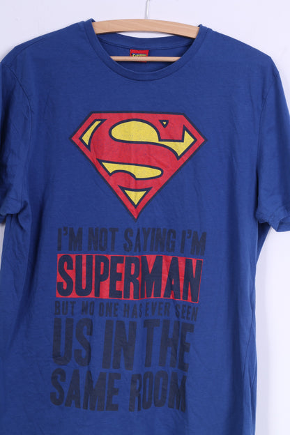 George Mens L T-Shirt Blue Cotton Graphic Superman Crew Neck Top