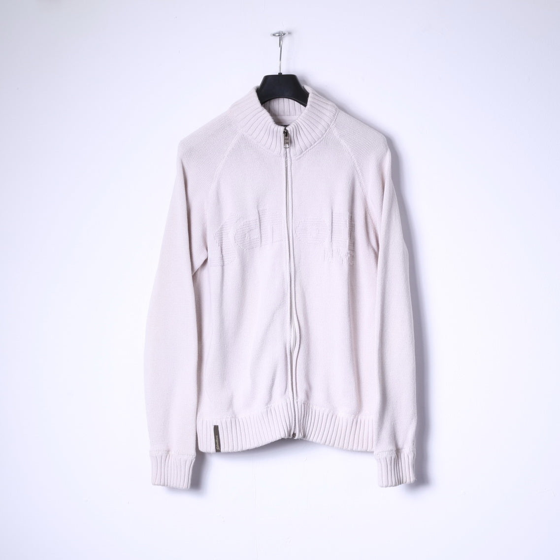 Shott NYC Mens L Sweater Beige Zip Up Cardigan 100% Cotton Knitwear