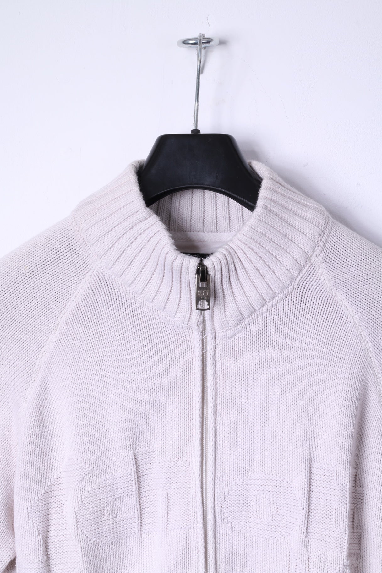 Shott NYC Mens L Sweater Beige Zip Up Cardigan 100% Cotton Knitwear
