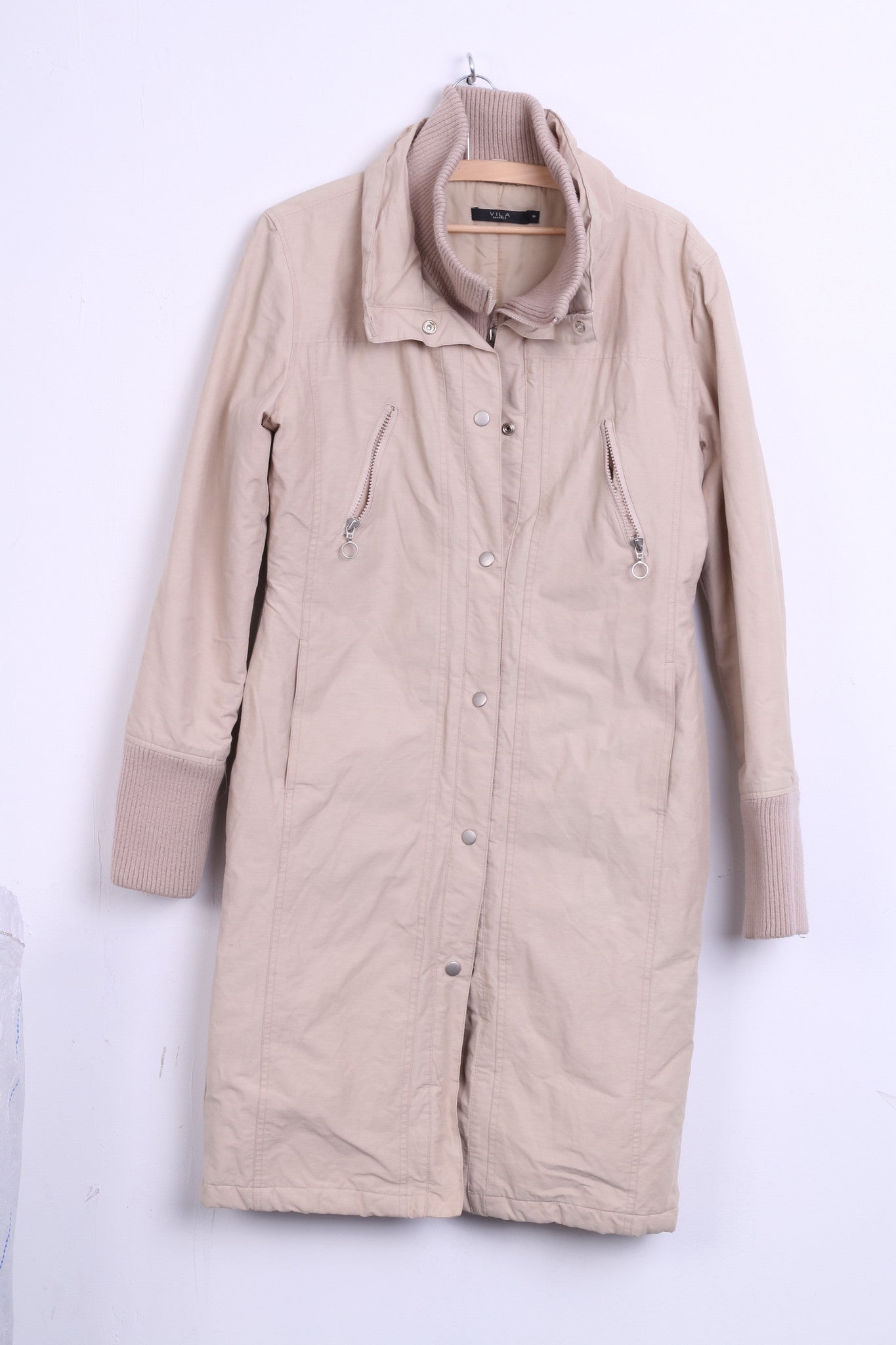 VILA Clothes Womens S Nylon Jacket Coat Beige Long Single Breasted - RetrospectClothes
