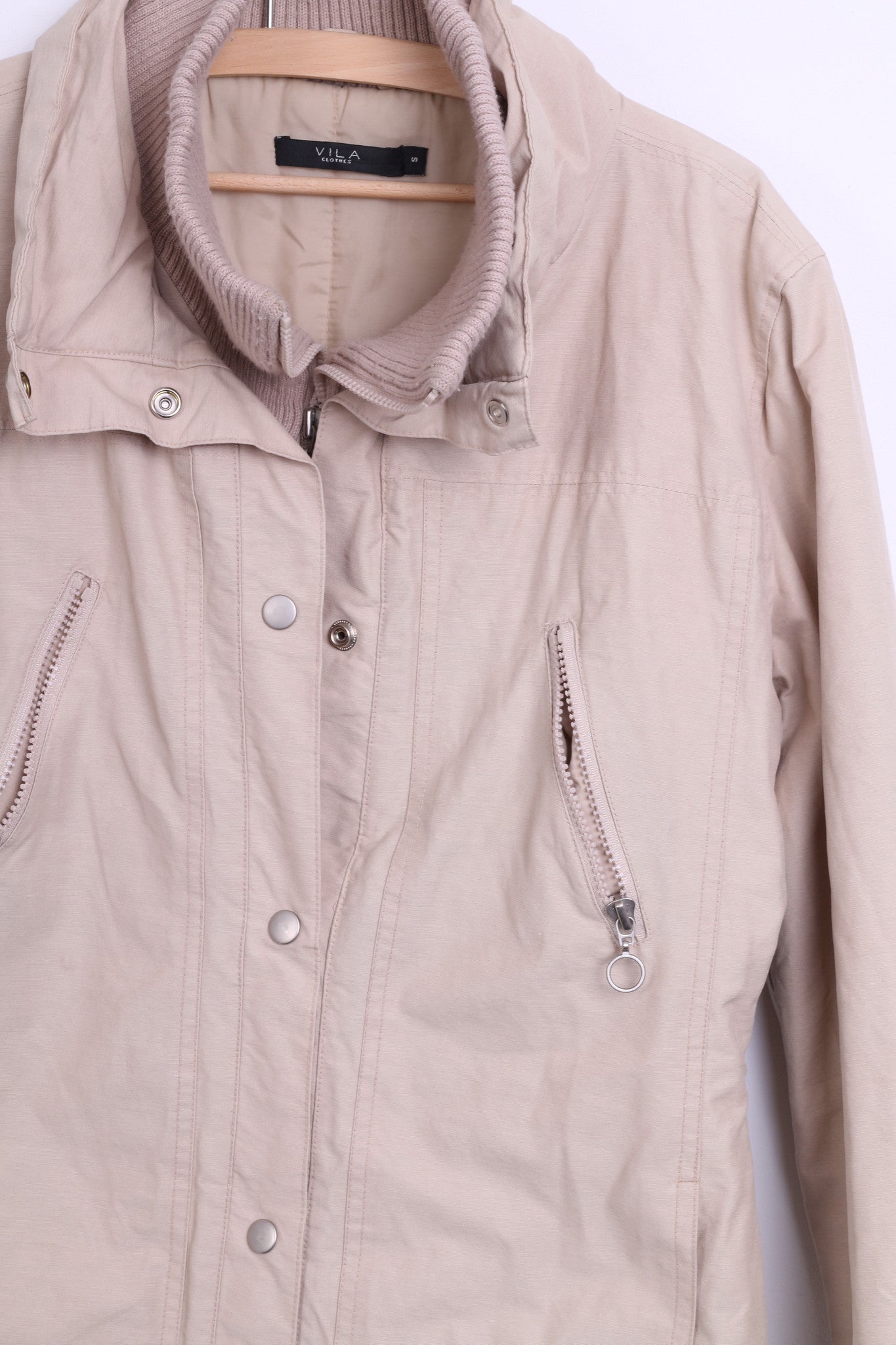 VILA Clothes Womens S Nylon Jacket Coat Beige Long Single Breasted - RetrospectClothes