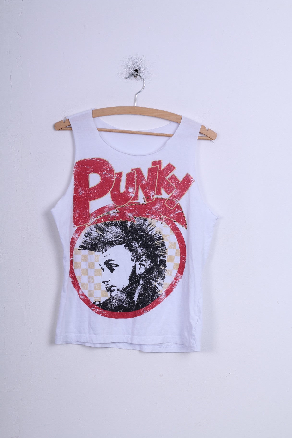 F&amp;F Femmes 14 L Débardeur Blanc Col Rond Coton Sans Manches Punky Strass