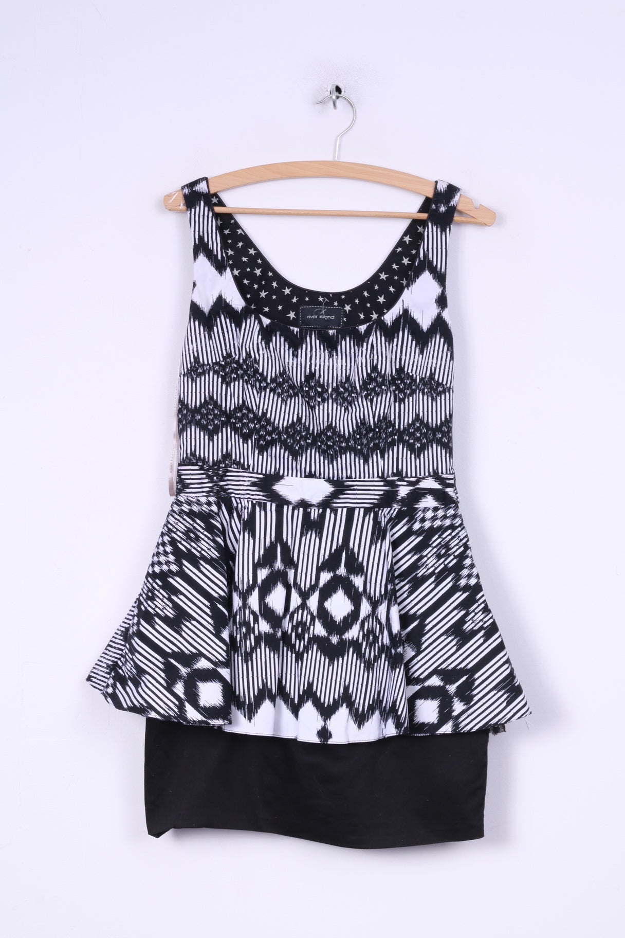 River Island Womens 12 38 S Dress Mini Pencil Peplum Black White Sleeveless Cotton