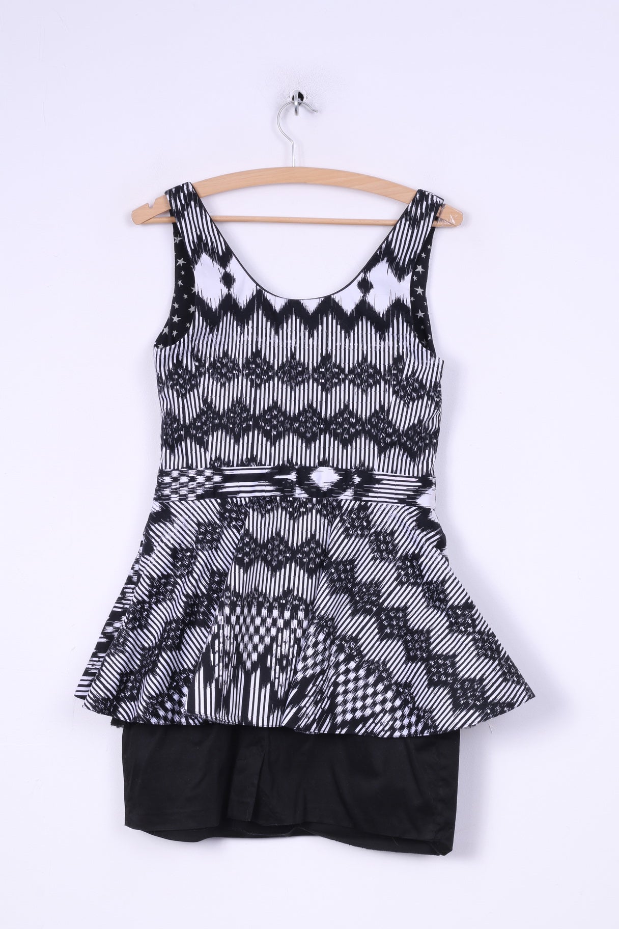 River Island Womens 12 38 S Dress Mini Pencil Peplum Black White Sleeveless Cotton