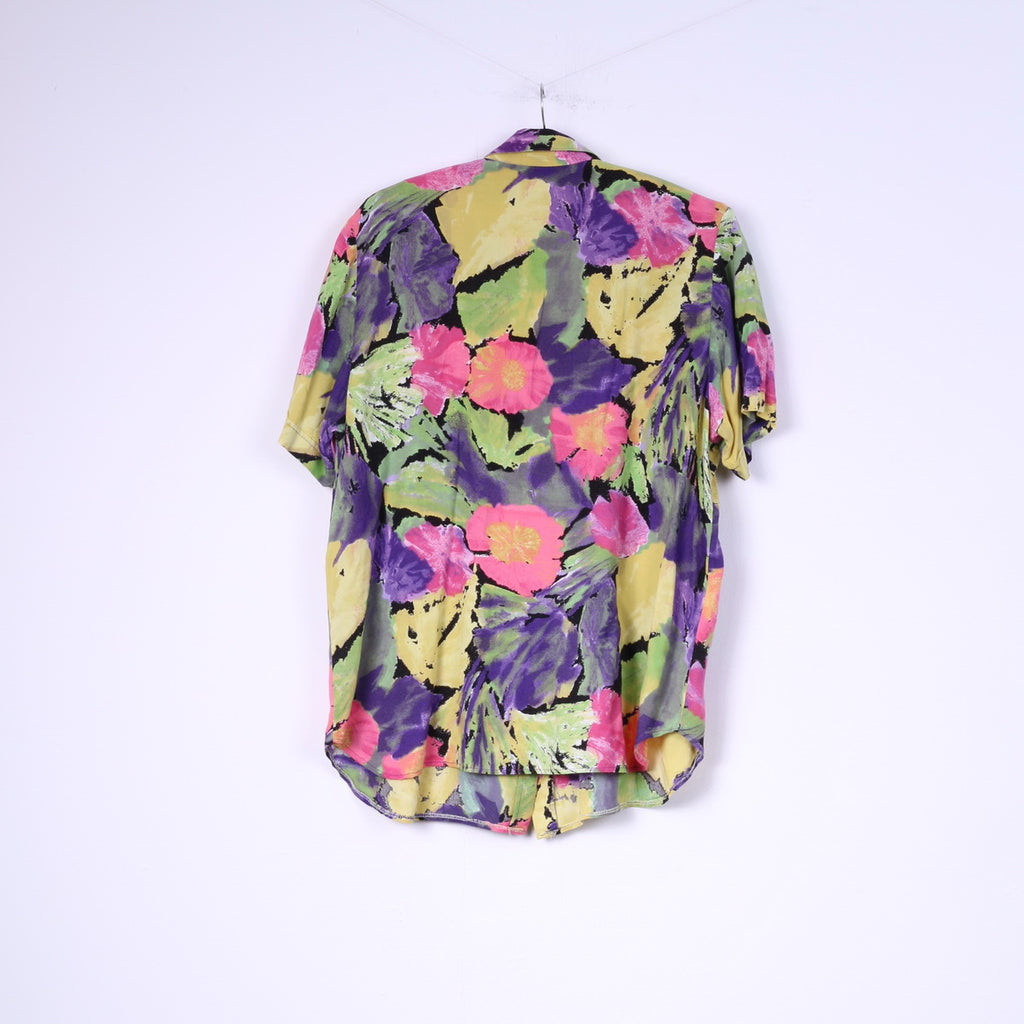 Vintage femmes 44 XL chemise décontractée Viscose multicolore imprimé fleuri épaulettes