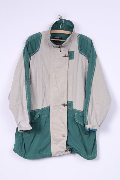 Gil Bret Giacca lunga da donna 16 XL leggera in cotone nylon con cerniera intera beige/verde spallacci vintage 
