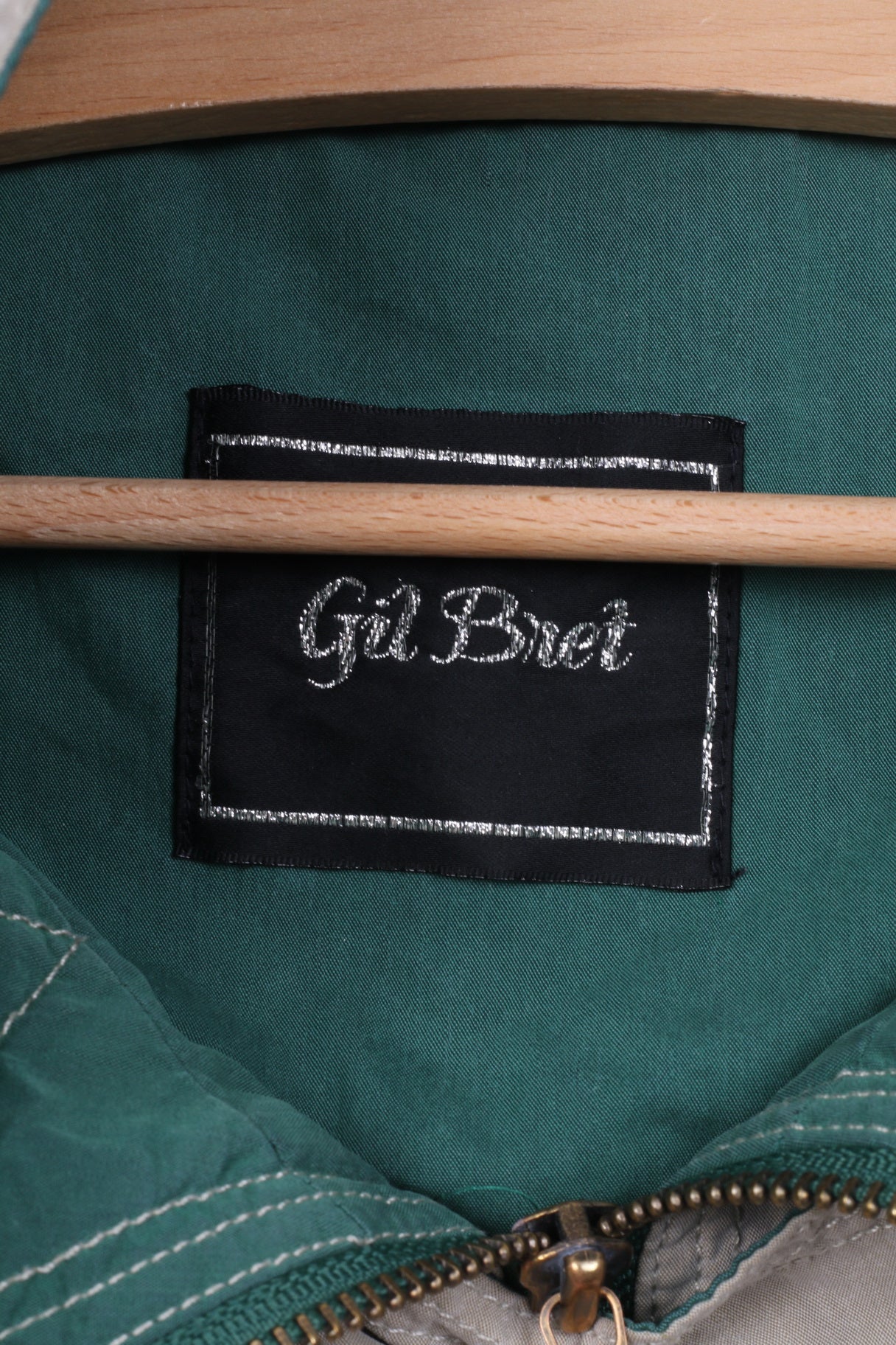 Gil Bret Womens 16 XL Long Jacket Lightweight Cotton Nylon Full Zipper Beige/Green Shoulder Pads Vintage