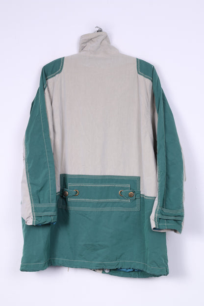 Gil Bret Giacca lunga da donna 16 XL leggera in cotone nylon con cerniera intera beige/verde spallacci vintage 