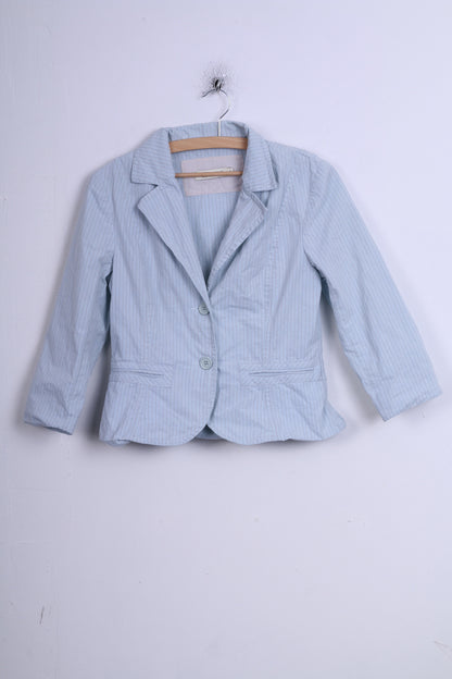 Veronika Maine Womens 10 M Blazer Jacket Single Breasted Blue 3/4 Sleeves Striped Cotton