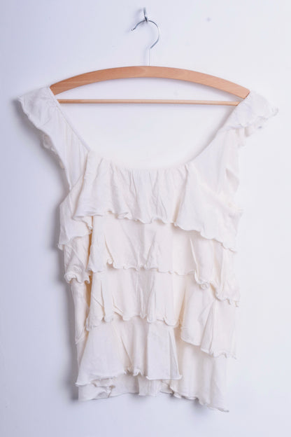 Express Womens S Flounce Blouse Top Cream Sleeveless Cotton - RetrospectClothes