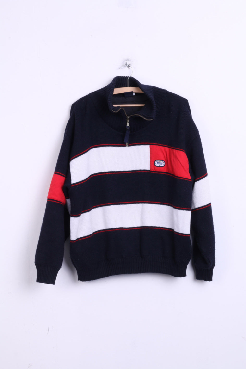 Navy Mens M Jumper Sweater Zip Neck Marine Jacket Striped Wool - RetrospectClothes