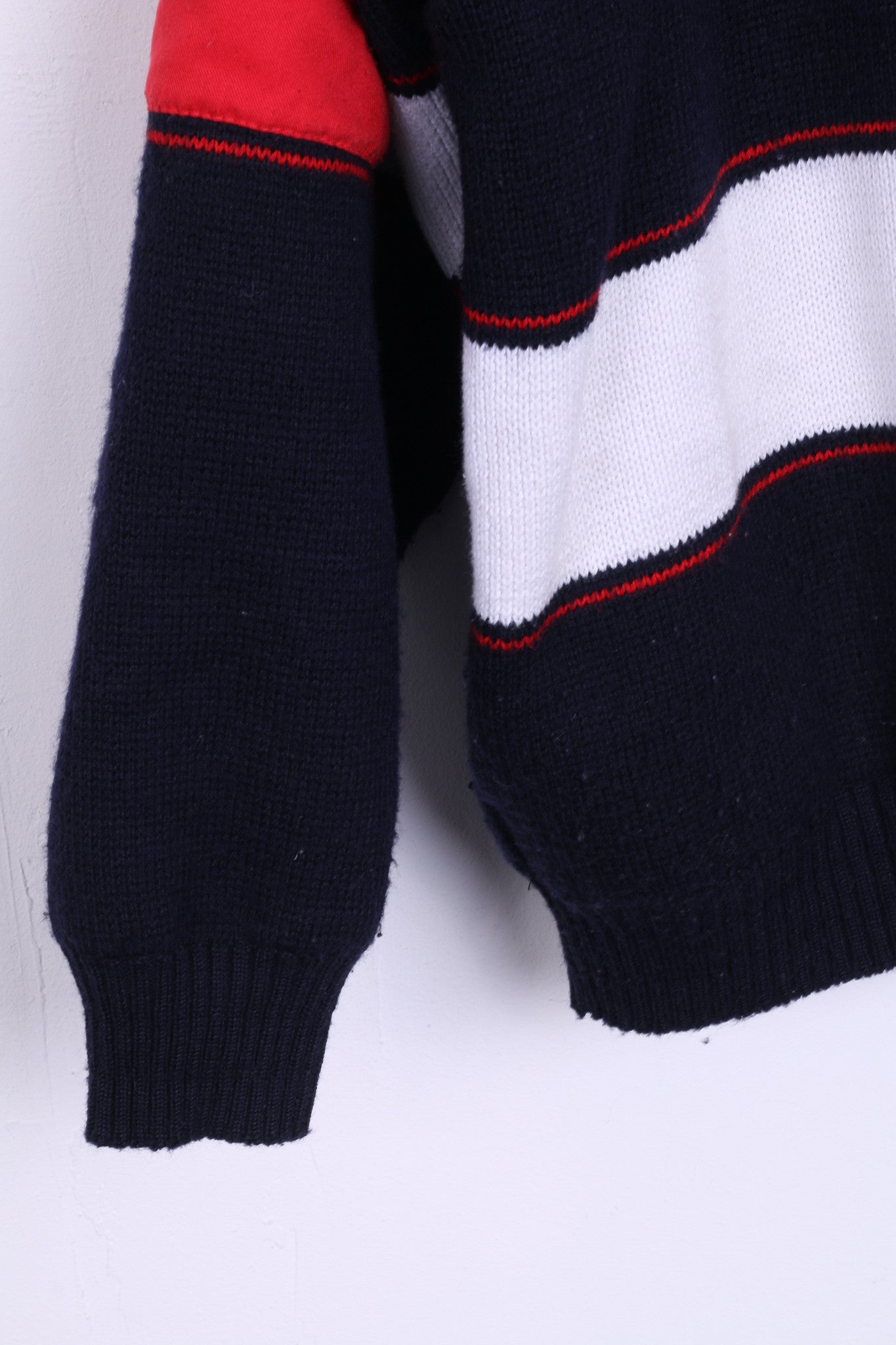 Navy Mens M Jumper Sweater Zip Neck Marine Jacket Striped Wool - RetrospectClothes