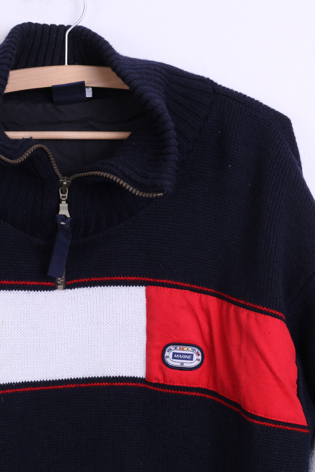 Navy Mens M Jumper Sweater Zip Neck Marine Jacket Striped Wool - RetrospectClothes