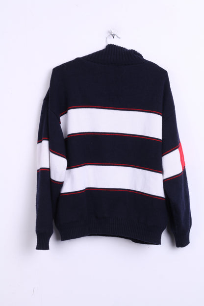Navy Mens M Jumper Sweater Zip Neck Marine Jacket Striped Wool - RetrospectClothes