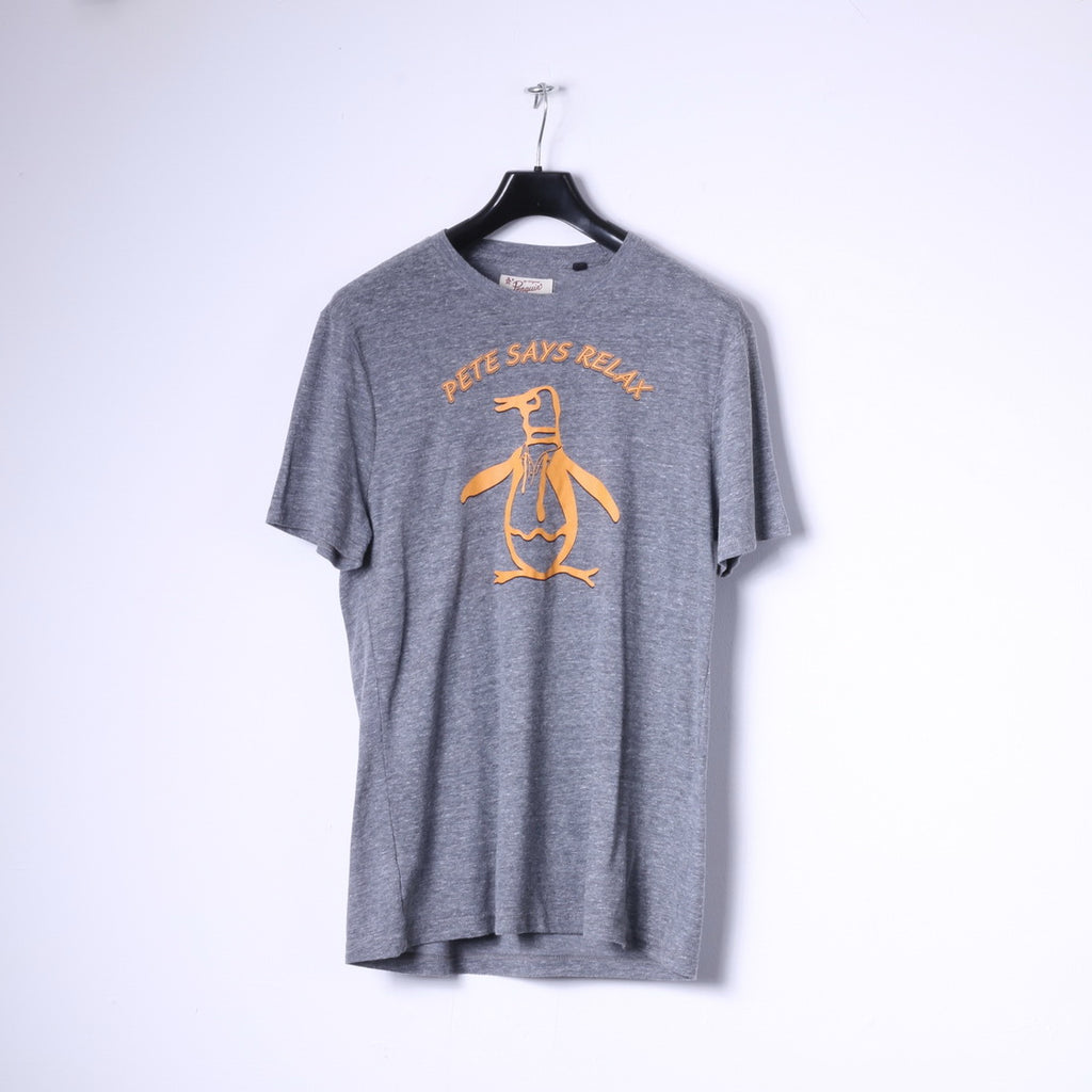 Penguin T-Shirt L Homme Gris Coton Stretch Col Rond Graphique Relax
