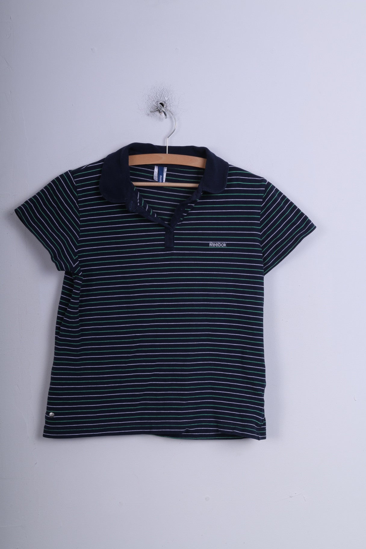 Reebok Womens XL Polo Shirt Stripes Navy Button Up  Cotton Sport