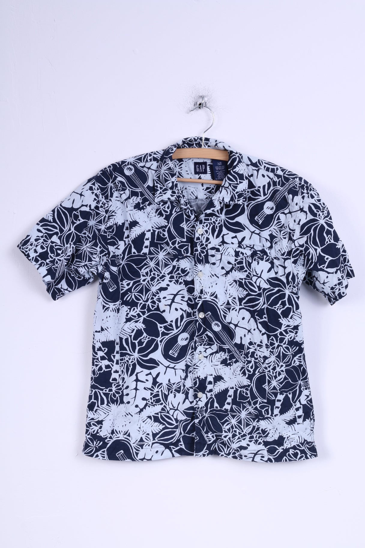 GAP Boys L 10 Age Casual Shirt Navy Cotton Flowers Print Short Sleeve