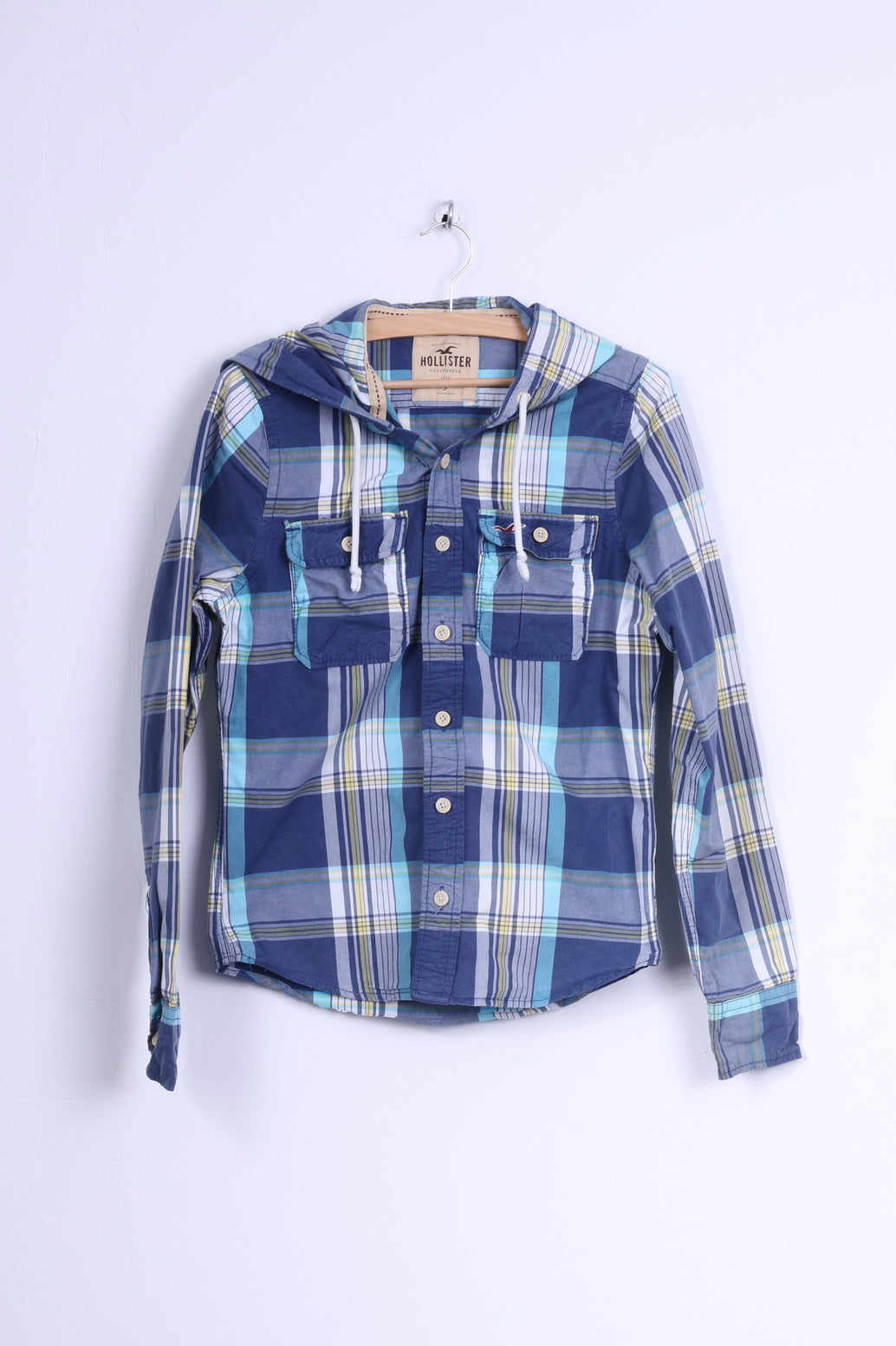 Hollister Mens S Casual Shirt Cotton Blue Checkered Hooded Long Sleeve