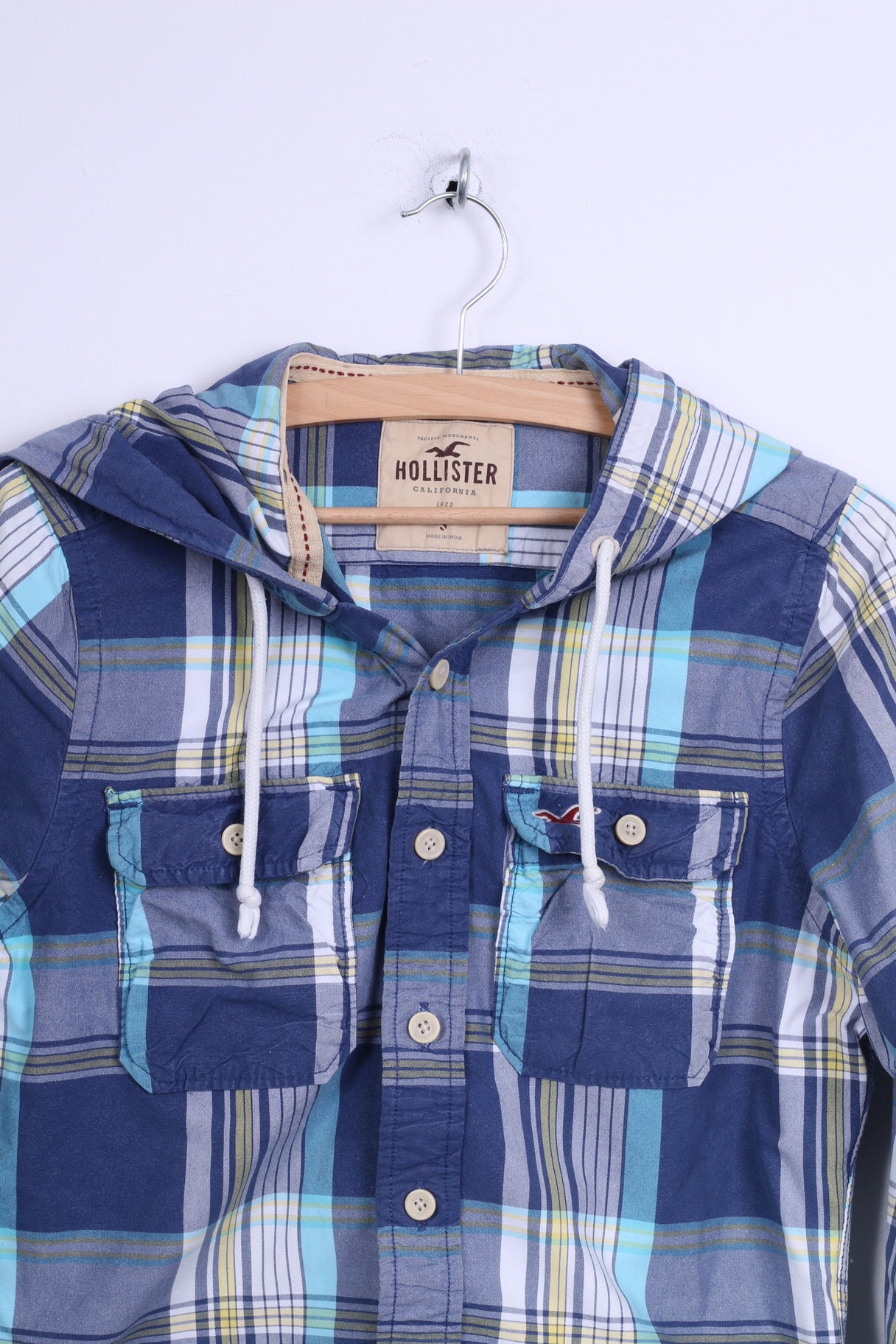 Hollister Mens S Casual Shirt Cotton Blue Checkered Hooded Long Sleeve