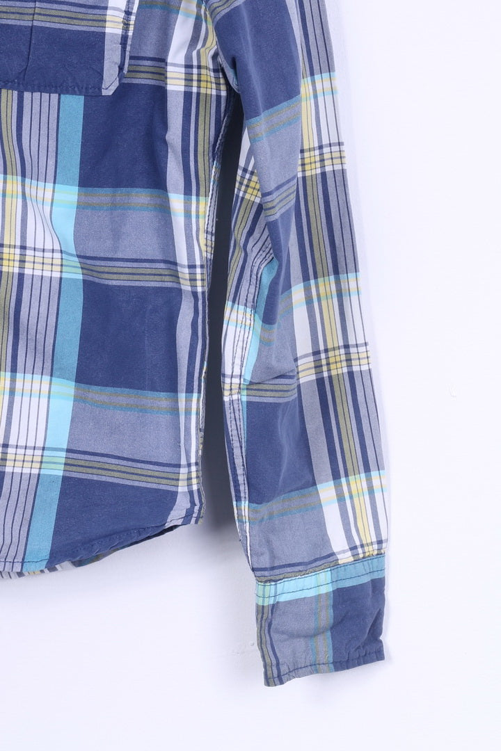Hollister Mens S Casual Shirt Cotton Blue Checkered Hooded Long Sleeve